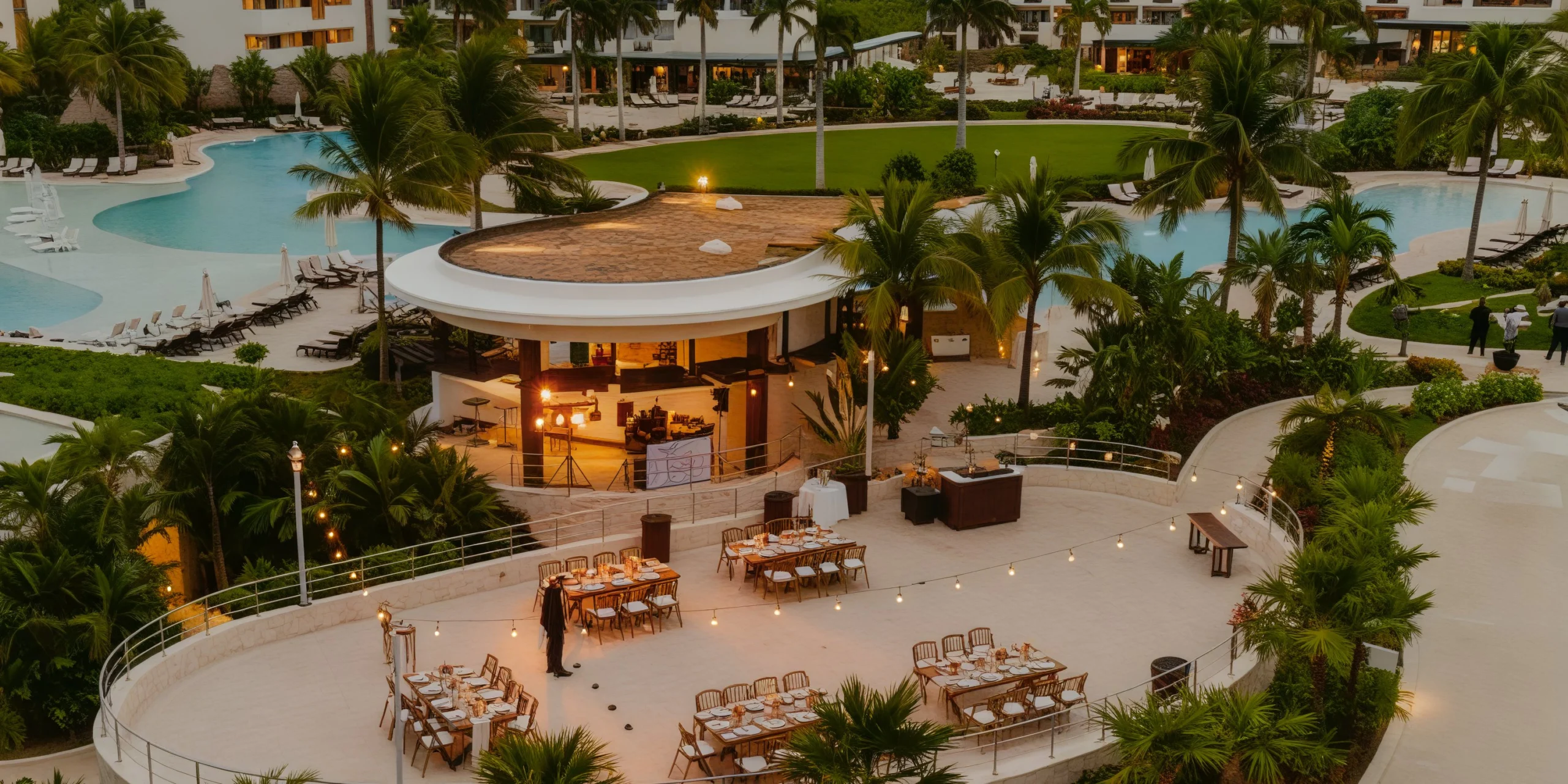 Mermaid Terrace outdoor wedding reception with poolside views at Dreams Playa Mujeres Golf & Spa Resort