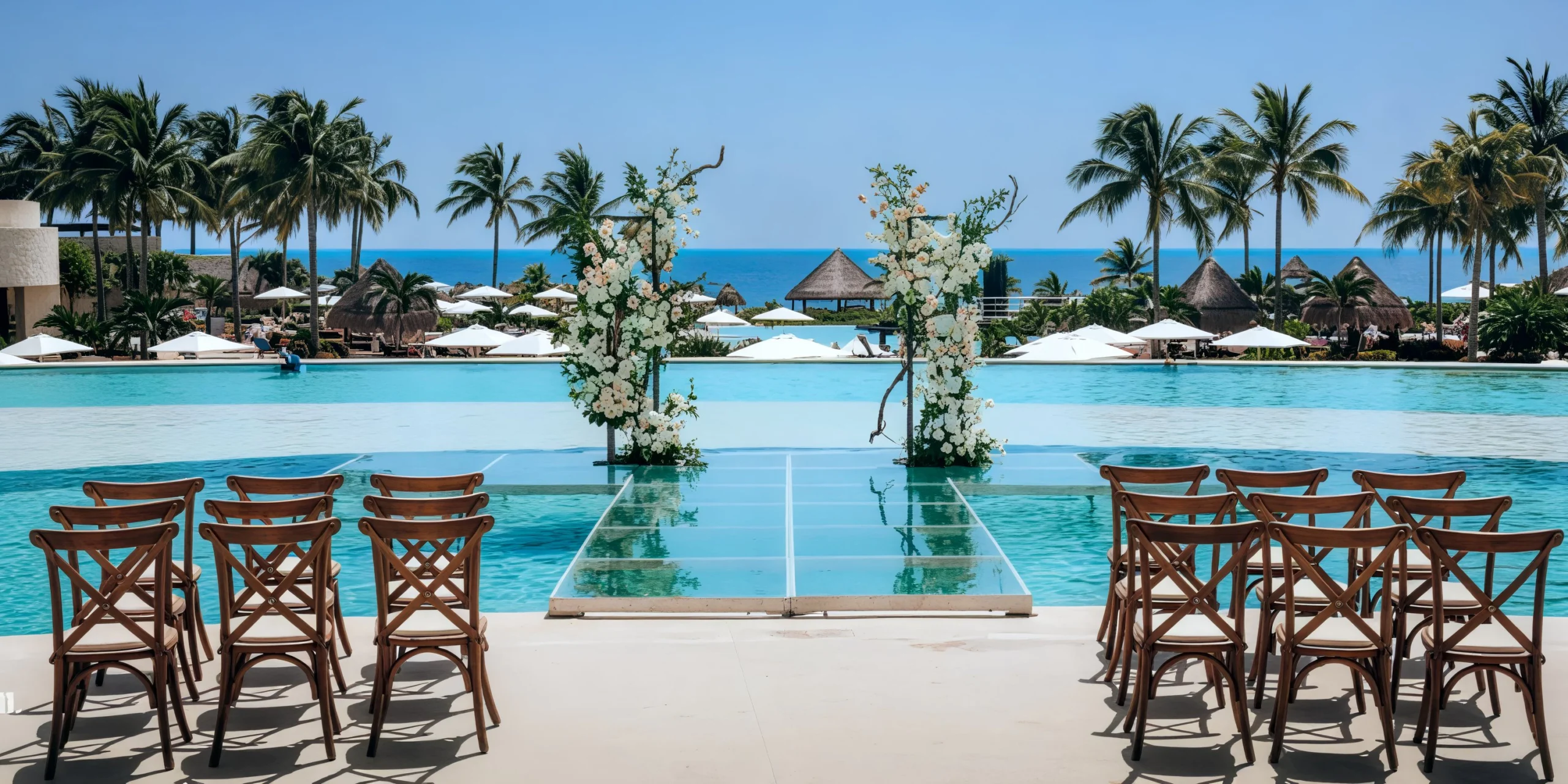 Over-the-water wedding setup with ocean views at Dreams Playa Mujeres Golf & Spa Resort