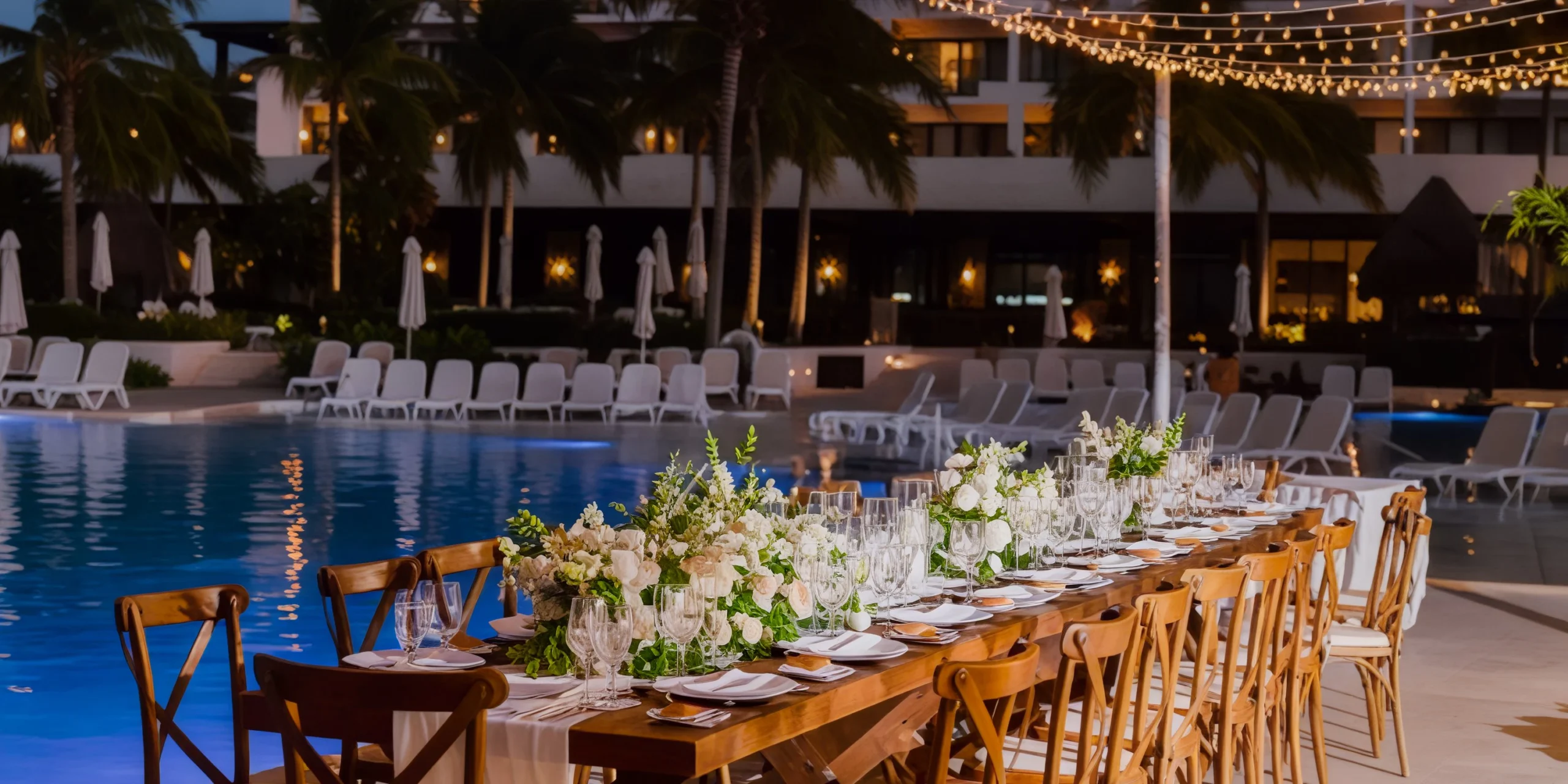 Pool Terrace wedding venue at Dreams Playa Mujeres with poolside reception setup