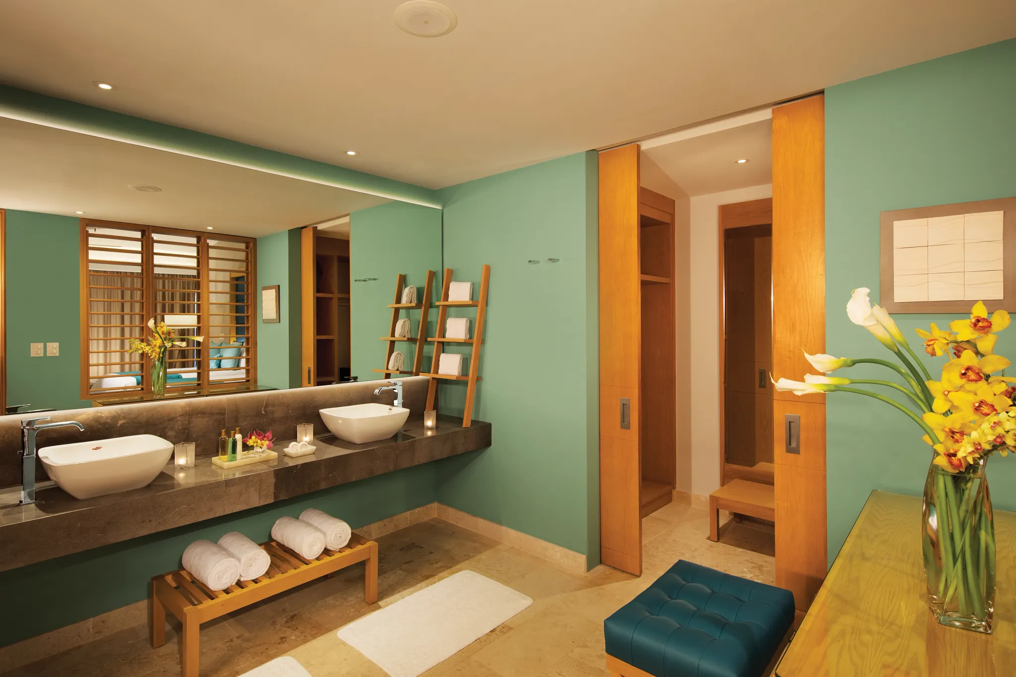 Bathroom with double vanities in Preferred Club Master Suite Ocean View at Dreams Playa Mujeres.