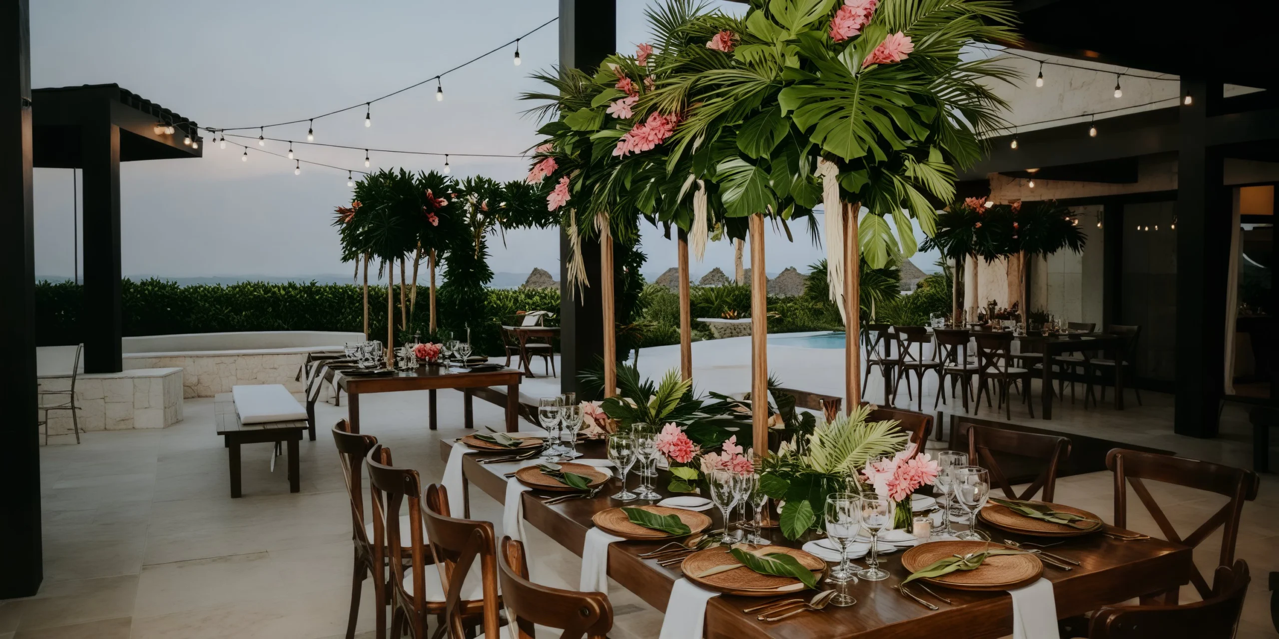 Presidential Suite terrace wedding reception with elegant table setup at Dreams Playa Mujeres Golf & Spa Resort