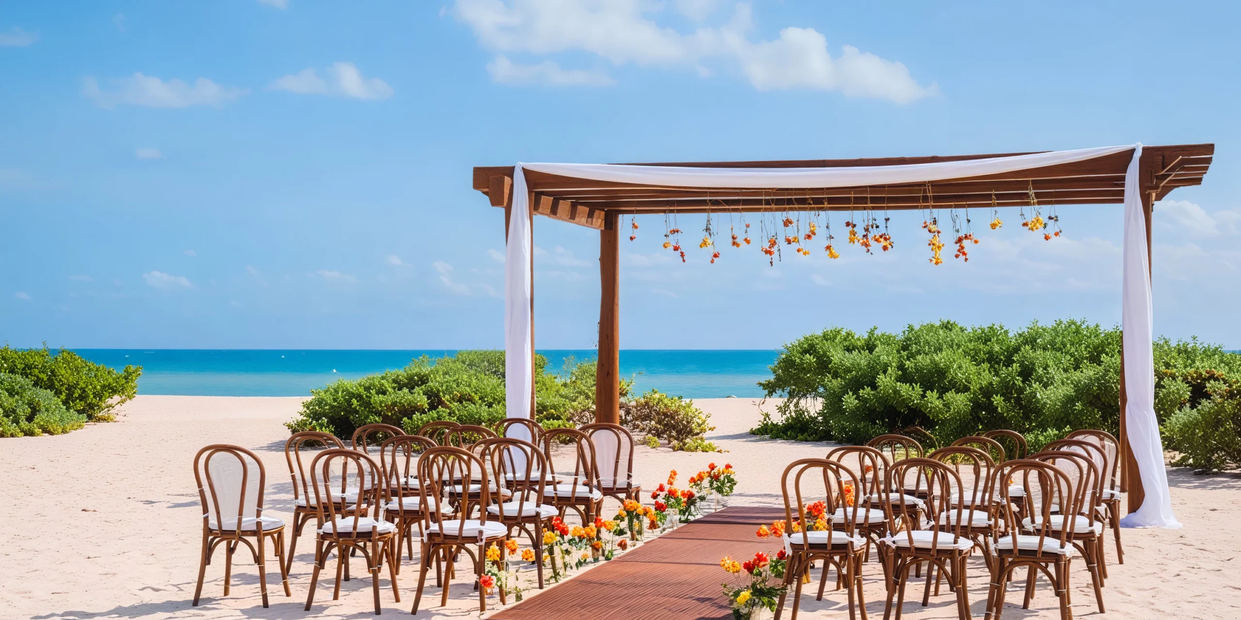 Elegant beachfront wedding gazebo with draped fabric and floral décor at Dreams Playa Mujeres Golf & Spa Resort